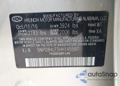 2017 Hyundai Elantra Value Edition z USA, uszkodzony, nr VIN 5NPD84LF5HH145597